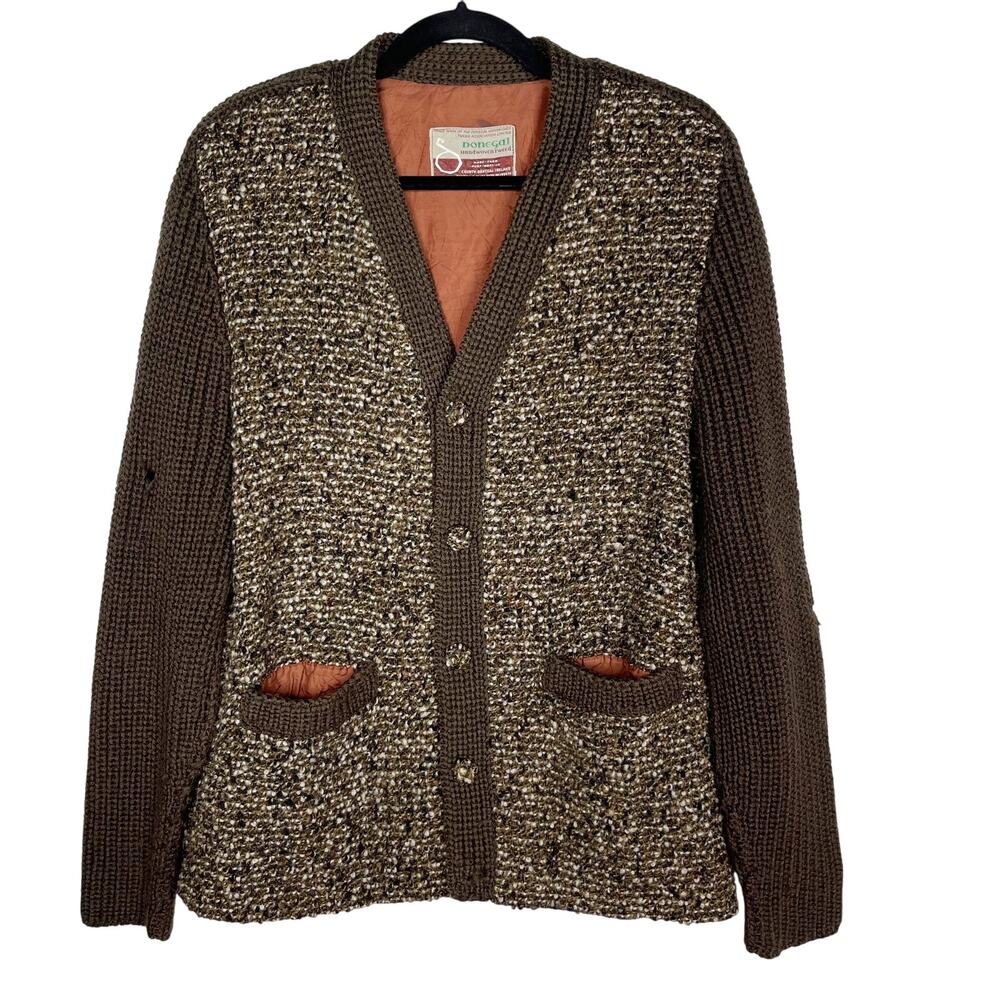 Vintage Donegal Mens Brown Handwoven Tweed Cardigan Sweater Button Front Pockets